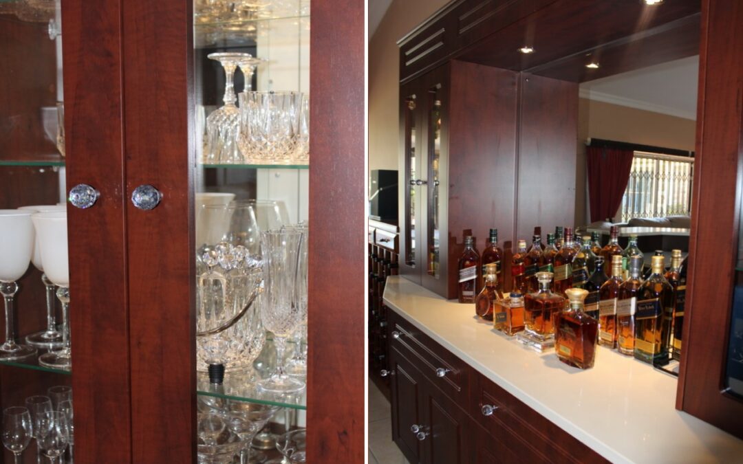Royal Mahogany bar with white engineered stone surfaces